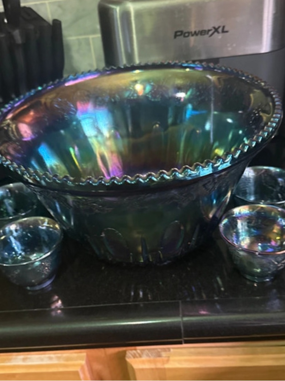 Iridescent Blue Multi Glass Punch Bowl Set by